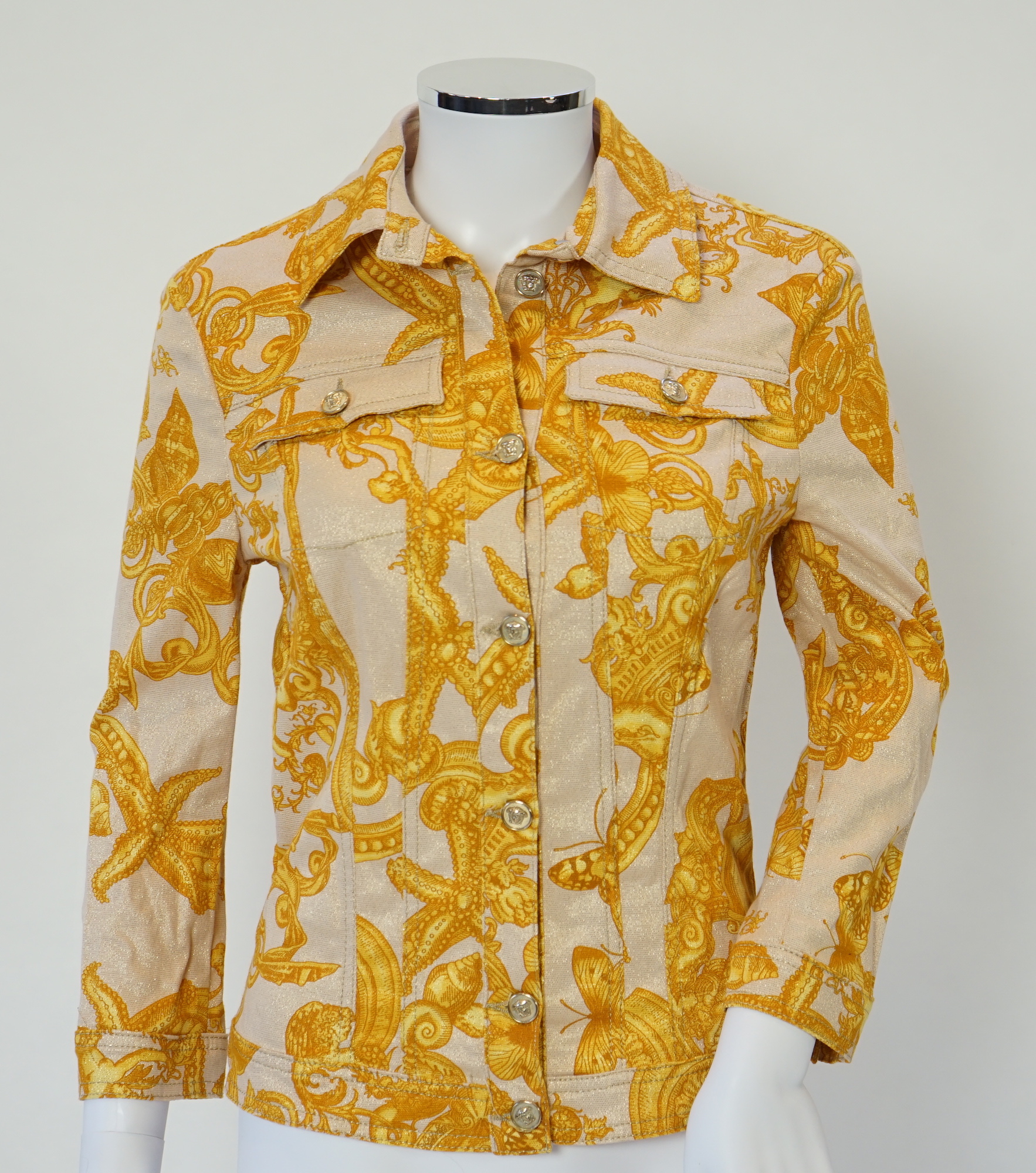 A Versace Collection green long dress and gold and yellow biker style jacket, dress size 52 and jacket size Medium